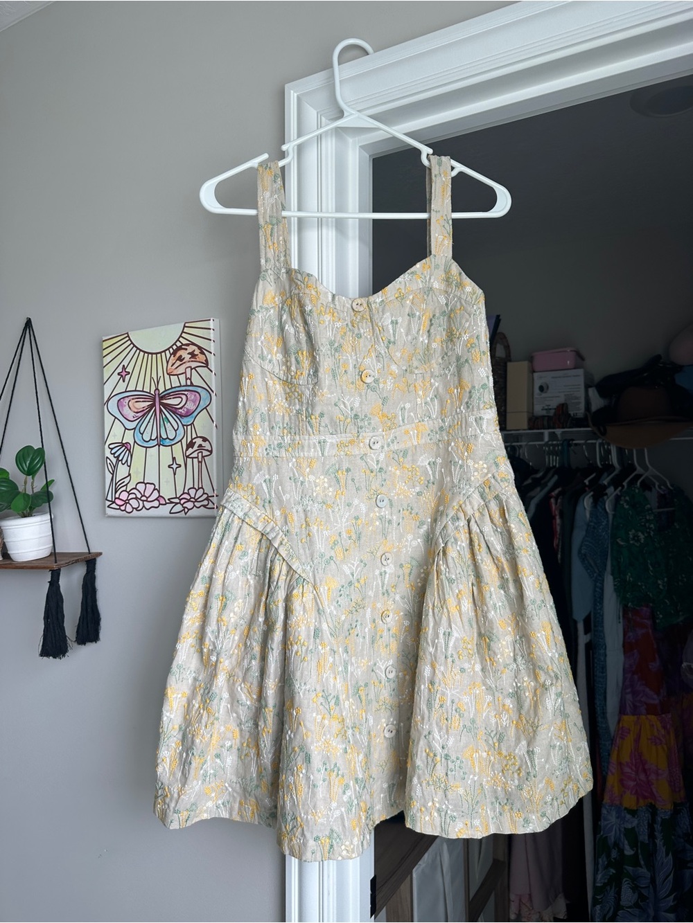 English Factory sage Sundress with Yellow Floral Print